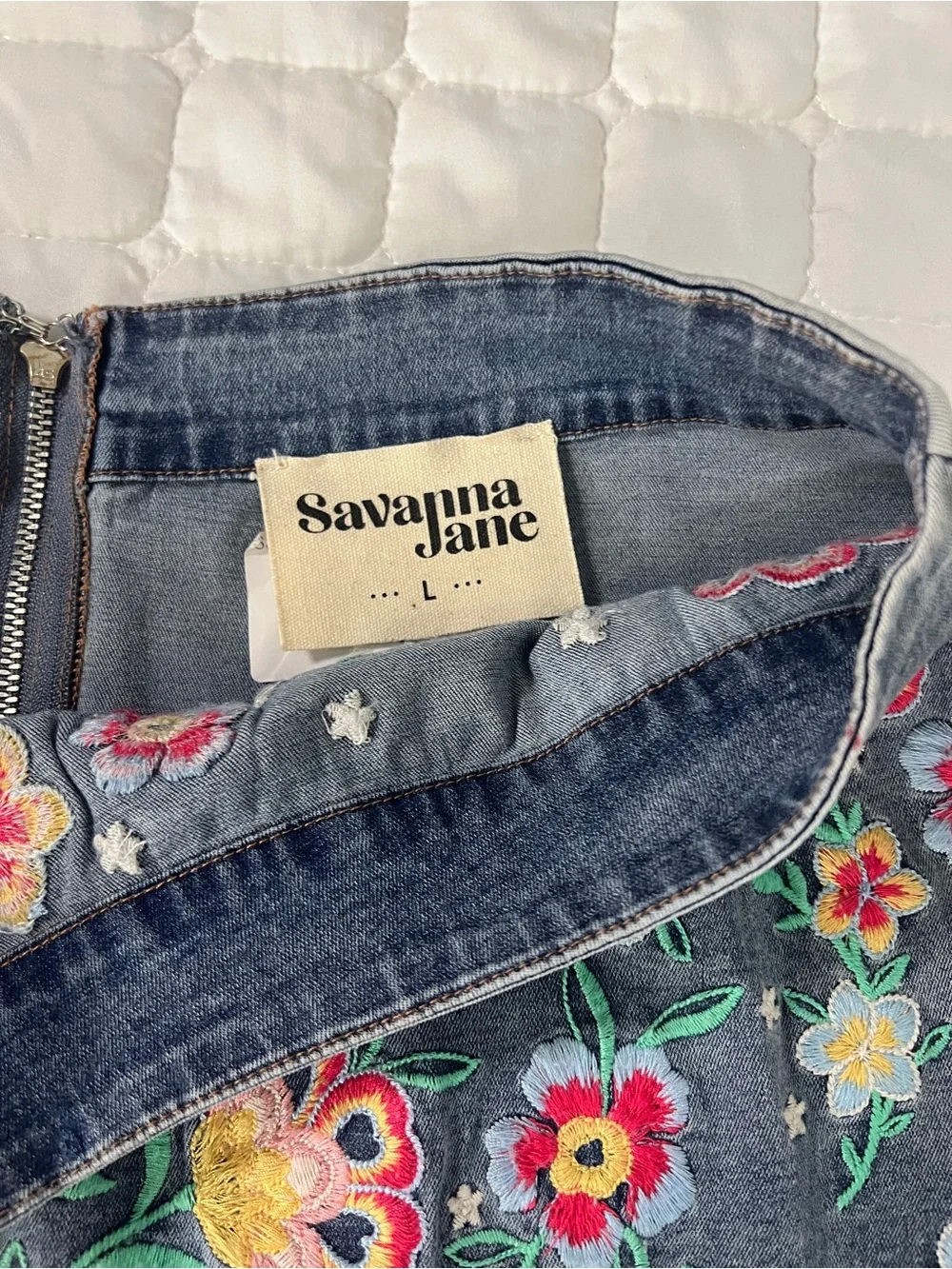 Savanna Jane Denim Floral Embroidered Womens Large Colorful Boho Tight Skirt